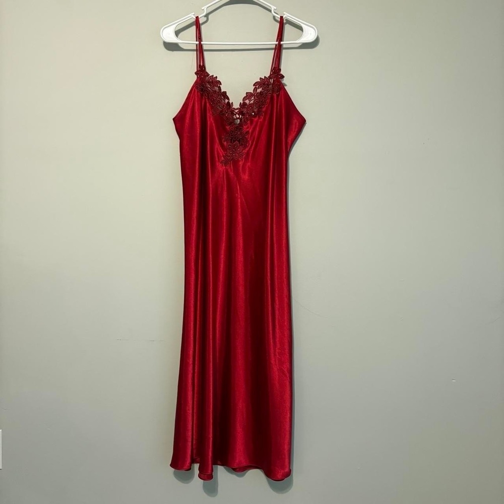 Vintage 90s Red satin maxi slip dress with beaded laxe trim